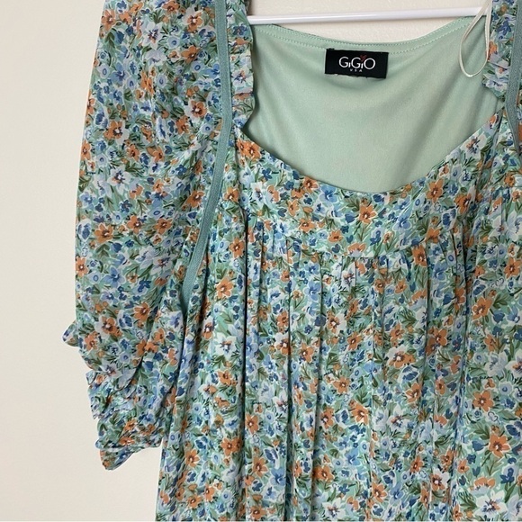 GiGio by Umgee Sea Foam Green Boho Chiffon Ditsy Floral Ruffle Dress - Picture 8 of 16